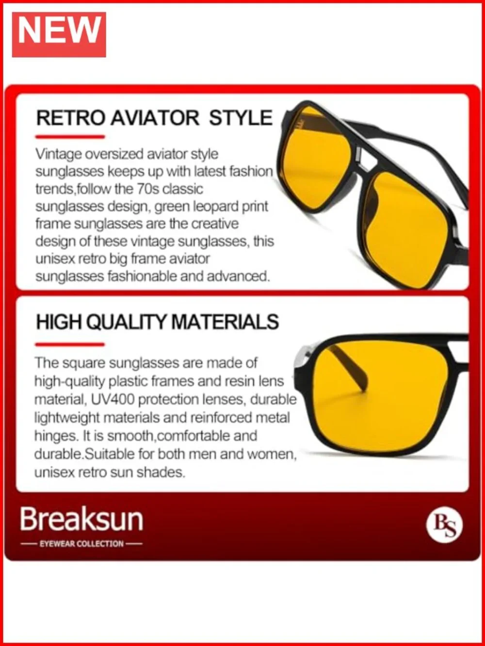 Retro Aviator Sunglasses Unisex Trendy Classic Square Plastic UV400 Protection
